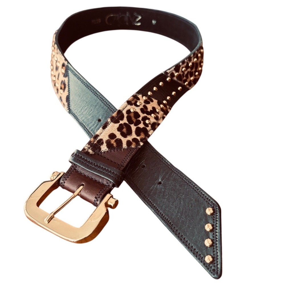 Cache Vintage Woman's Leopard Print Calf Hair Studded Leather Belt Gold Buckle M